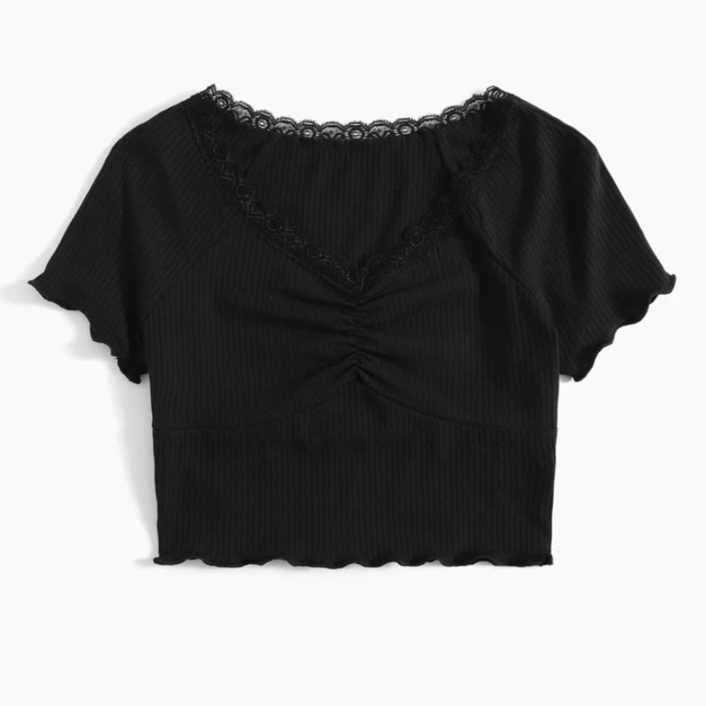 SHEIN Lace Trim Raglan Sleeve Rutched Rib-knot Crop Tee